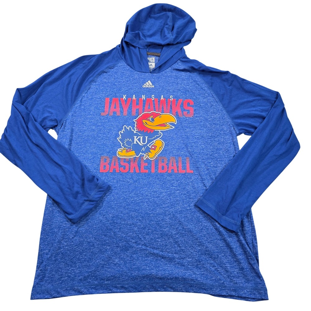 Kansas Jayhawks Hooded Tee Shirt Mens XL Blue Adidas Basketball Climalite 4713A